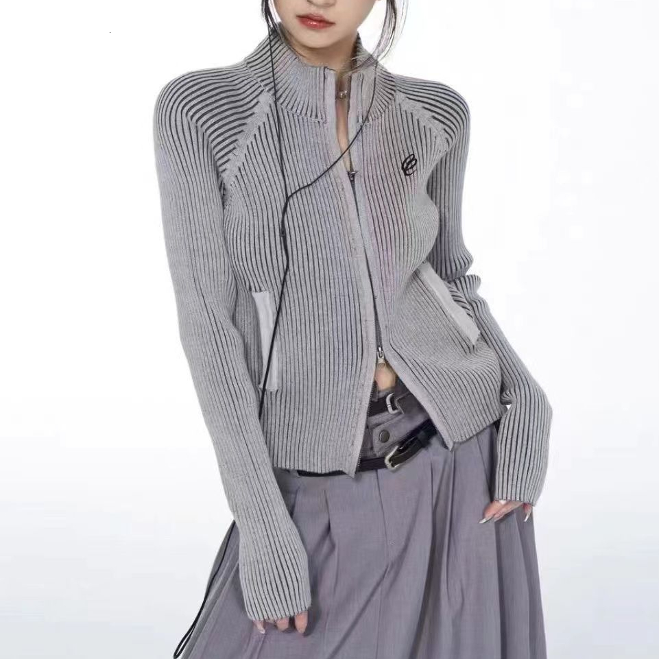 Womens Knits Tees Grey Vintage Zipper Cardigan Women Embroidery Y2k Aesthetic Grunge Sweater Short Jackets Basic Female Slim Knitted Coats Femme 23081