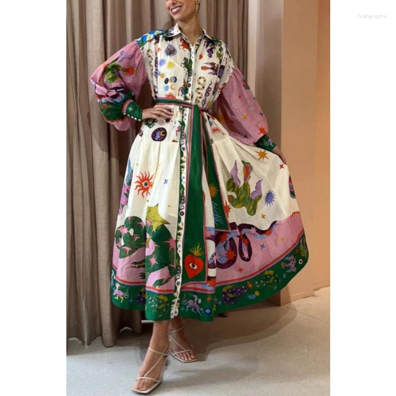 Casual Dresses Vintage Printed Lantern Sleeve A-line Dress For Women Elegant Female Long Holiday Summer Robe