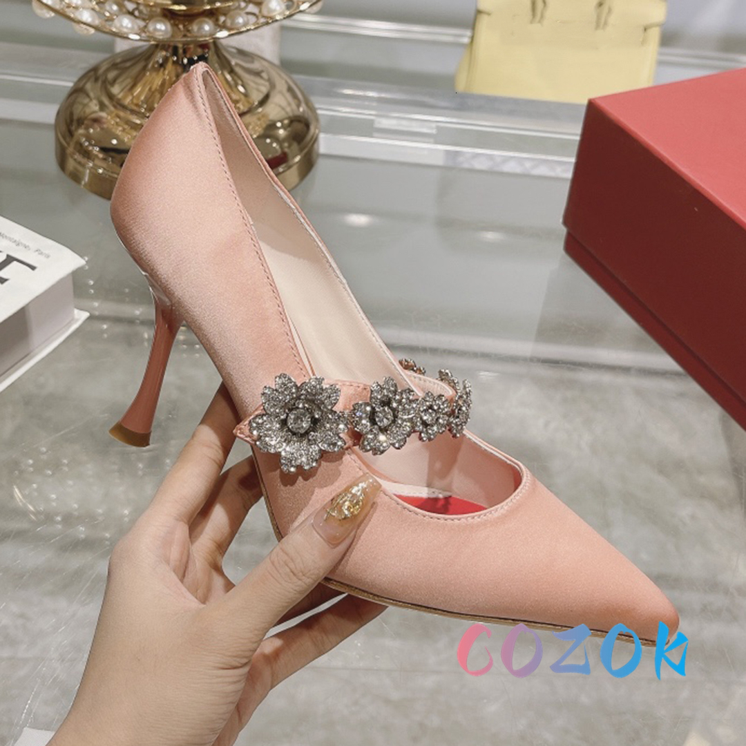Dress Shoes Elegant Rose-red Silk Pointed Toe Crystal Chain High Heel Mary Jane Women's Front Trip Belt Dress Shoes Lady Stilettos Pumps 230817