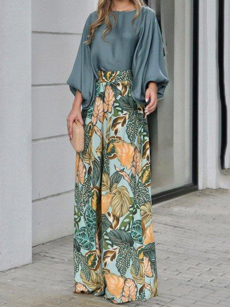Womens Two Piece Pants Cross border Foreign Trade Summer Set Loose Lantern Sleeve Tshirt Top Printed Wide Leg 230818