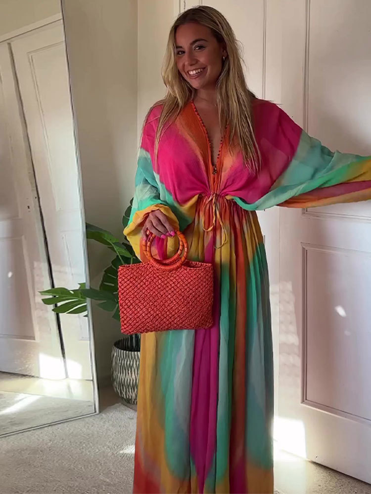 Basic Casual Dresses Women Summer Tie Dye Contrasting Color Dress Holiday Female V Neck Lace Up Loose Long Lady Beachwear Vestido 230817