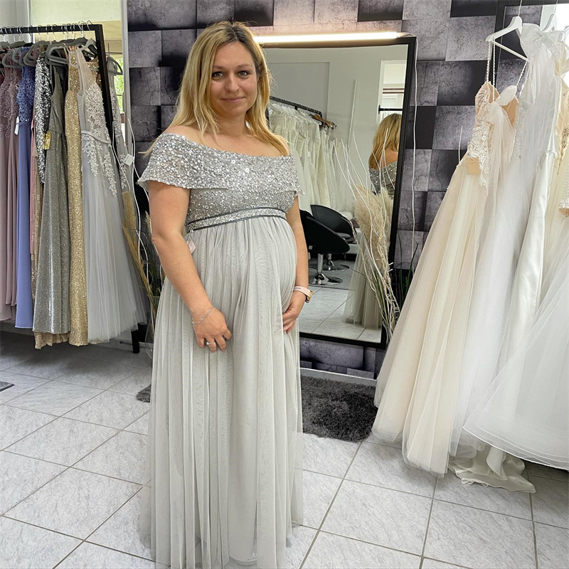 Sparkle Sequin Silver Evening Dress For Pregnant Cape Sleeves Floor Length Formal Prom Dress 2023 Sheath Tulle Birthday Dance Dress Elegant Formal Occ