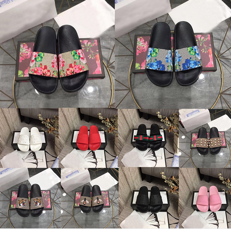 Designer Men Women Slippers Slides Rubber Sandals Blooms Slide Flowers Printing Sandal Leather Platform Slipper Summer Beach Flip Flop Size 35-48 With Box