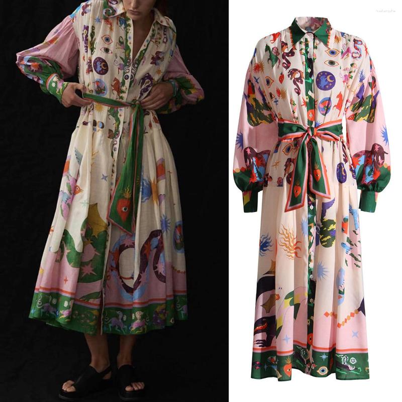 Casual Dresses Vintage Printed Lantern Sleeve A-line Dress For Women Elegant Female Long Holiday Summer Robe