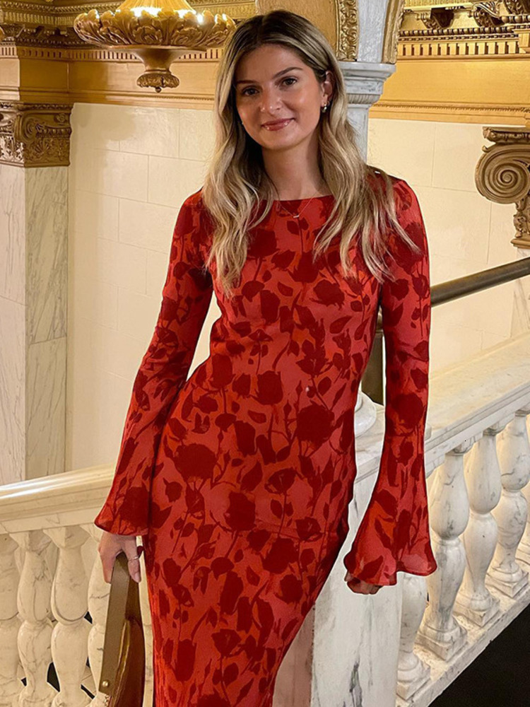 Urban Sexy Dresses Ladies Elegant Floral Print Flare Sleeve Chiffon Maxi Dress Summer Women O Neck Printing Slim Beach Holiday Party Vestido 230818