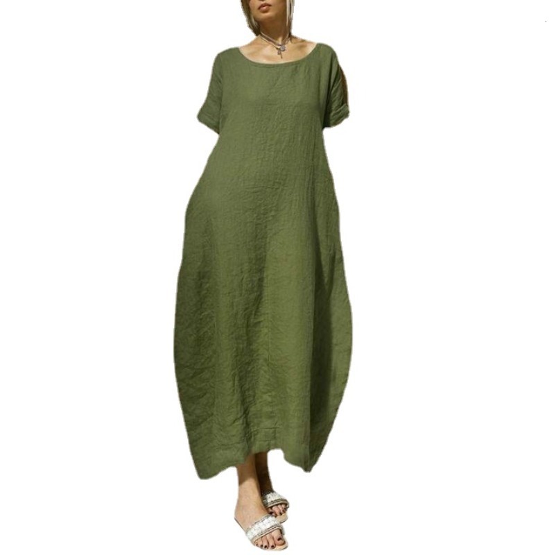 Basic Casual Dresses Summer Women Dress Solid Color ONeck Pocket Short Sleeve Loose Elegant Vintage Fashion Long 230817