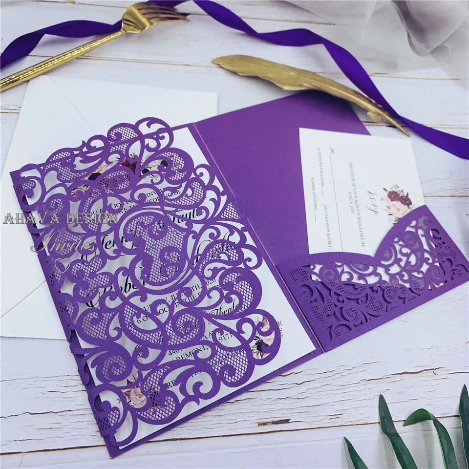 Pink Lace Flower Wedding Invitation With Envelope DIY Fold Personalized Print Greeting Cards For Bridal Shower Quinceanera PartyZZ