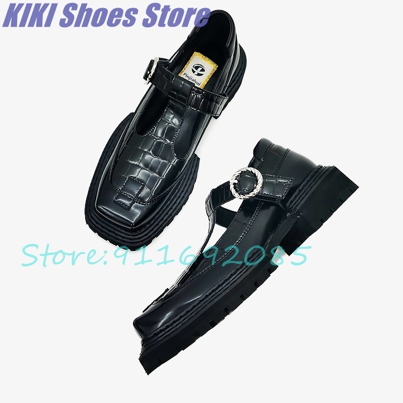 Dress Shoes Mary Jane shoes women's thick-soled platform shoes retro dark black small leather shoes chunky heel college square toe shoes 230817