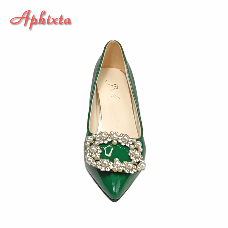 Dress Shoes Aphixta Dark Green Pearl Buckle Patent Leather Women's Pumps 7cm Square Heel Officile Pointed Toe Shoes Super Big Size 49 50 230817