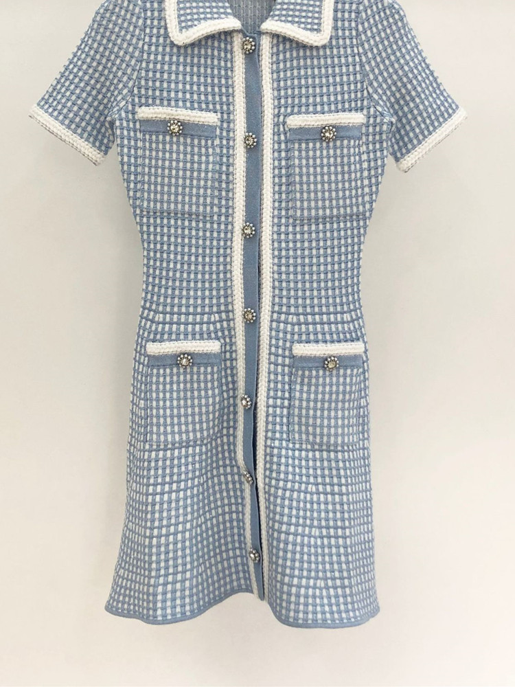 Basic Casual Dresses TurnDown Collar Plaid Knitwear Robe Slim Sweet Single Breasted Female Short Sleeve Buttons Mini Dress 230817