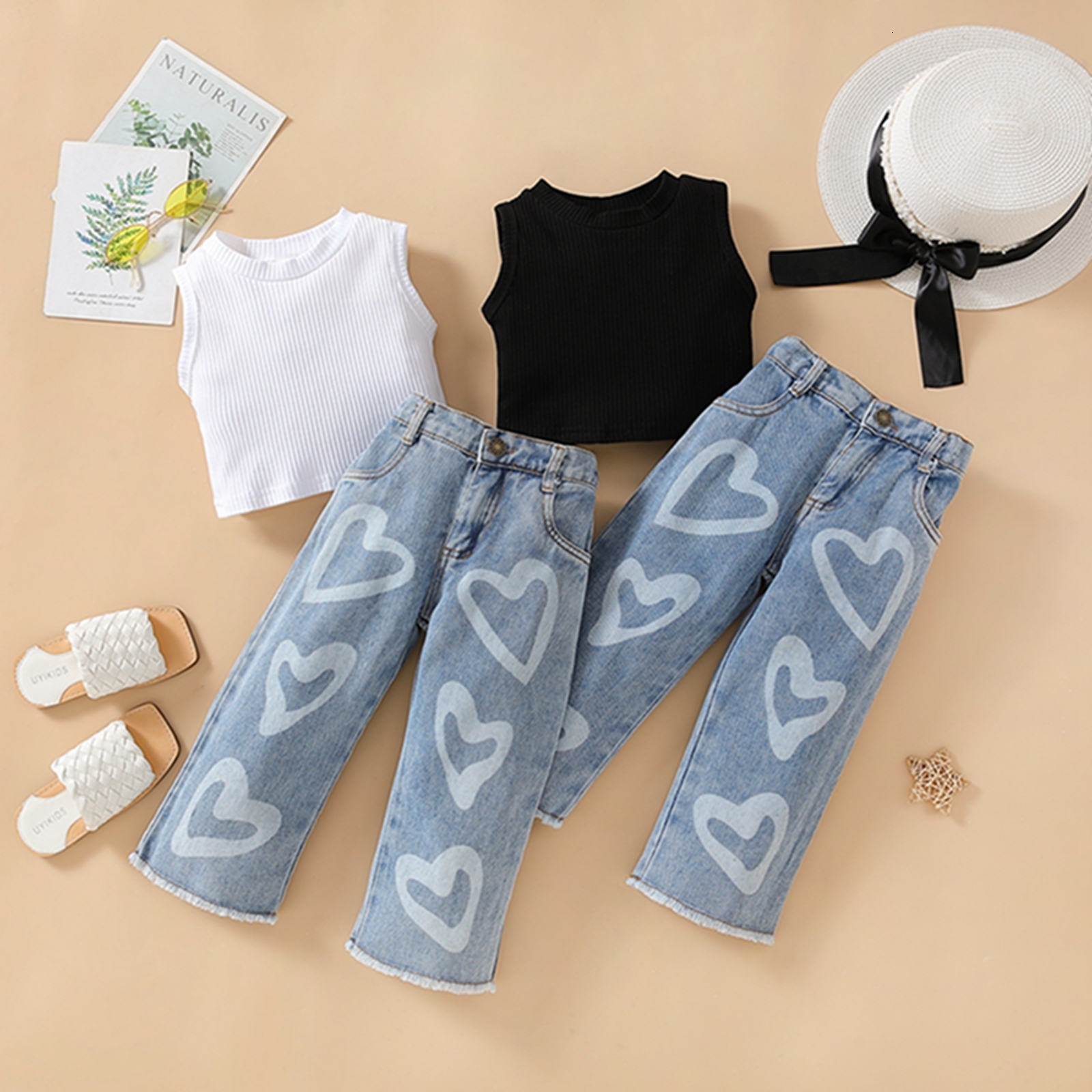 Clothing Sets Fashion Summer Infant Baby Girls 2pcs Clothes Outfits Suits Sleeveless Knitted Tank Tops Heart Print Jeans Denim Pants Kids Suit 230818
