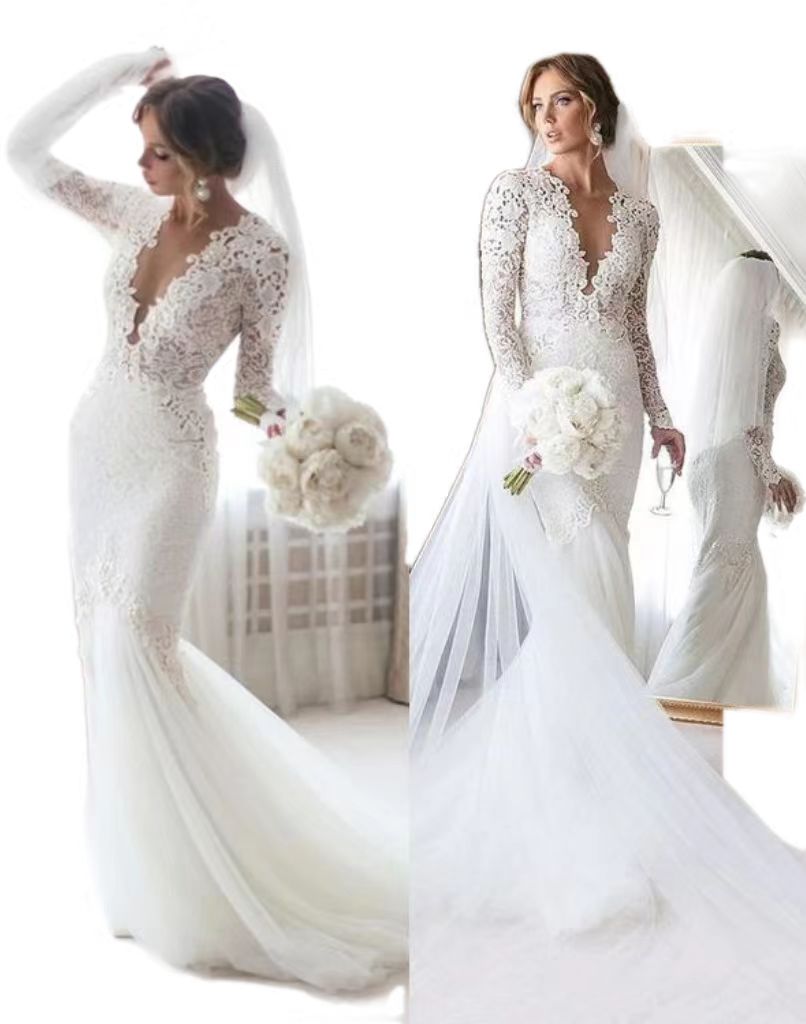 Romantic Mermaid Lace Wedding Dress 2023 long Sleeve Sheer Neck Slim White Country Rustic Bride Dress Low Backless vestidos Chic robe mariee Femme ves
