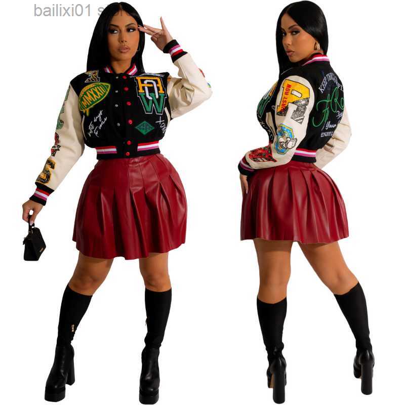 Women's Jackets Letter Printed Patchwork Baseball Jackets 2022 Fall Single Breasted Long Sleeve Short Coats Female Streetwear Crop Tops T230817