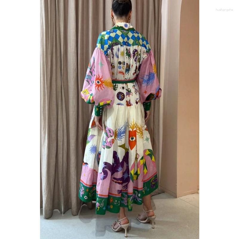 Casual Dresses Vintage Printed Lantern Sleeve A-line Dress For Women Elegant Female Long Holiday Summer Robe