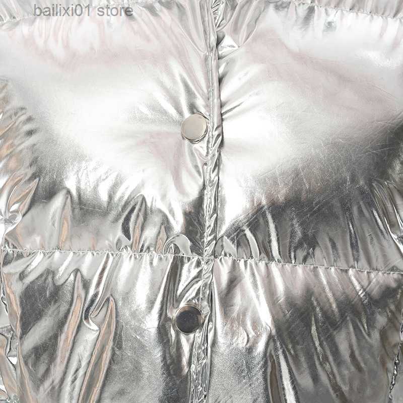 Women's Vests Silver Gilding Parkas Vest 2022 Winter Women Puffy Stand Collar Sleeveless Zipper Cropped Cotton Padded Jackets Bread Coat T230817