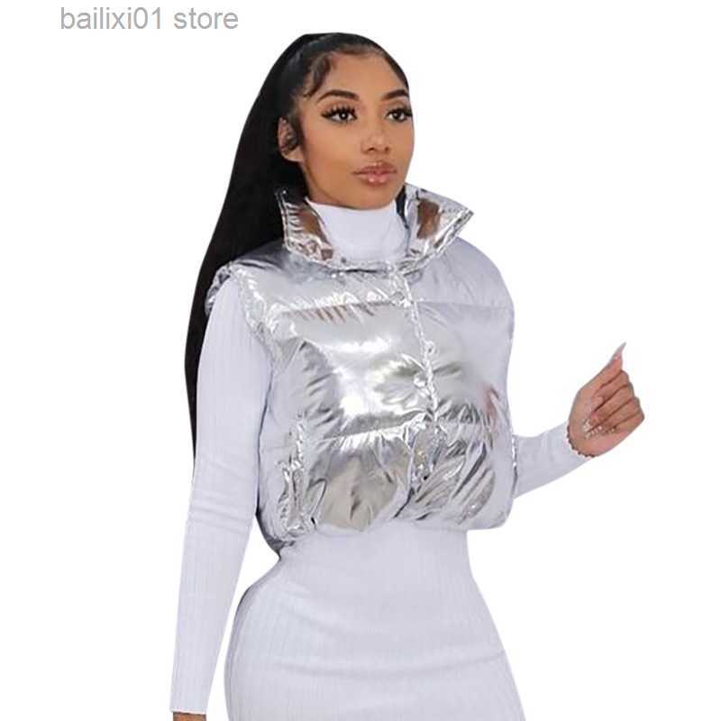 Women's Vests Silver Gilding Parkas Vest 2022 Winter Women Puffy Stand Collar Sleeveless Zipper Cropped Cotton Padded Jackets Bread Coat T230817