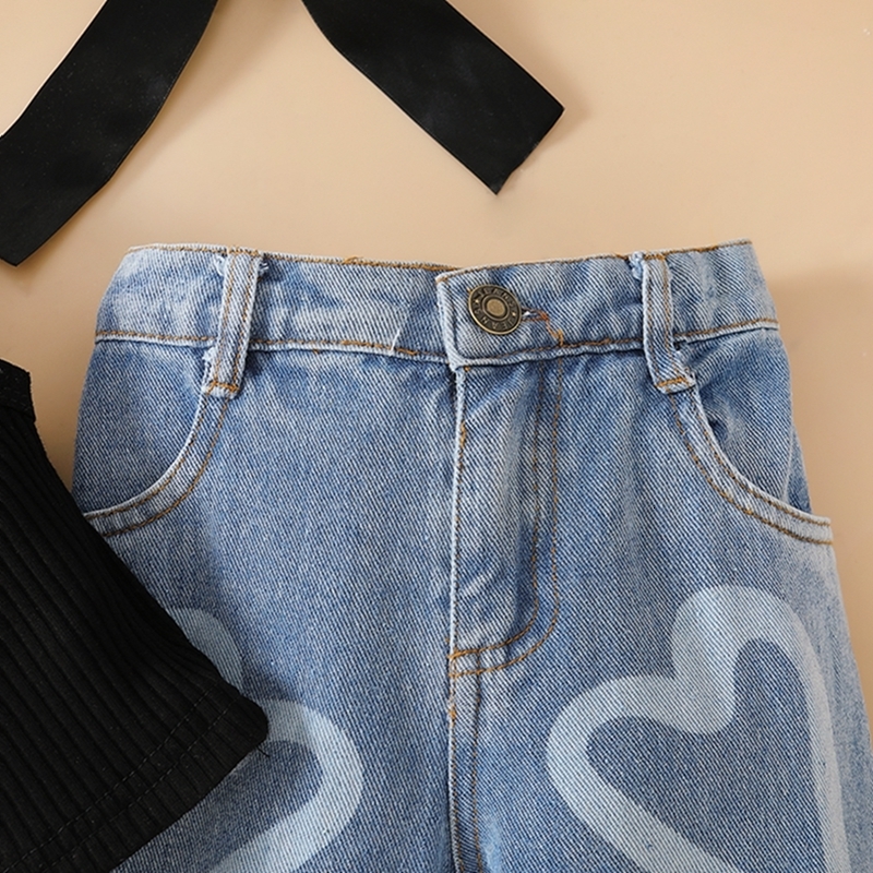 Clothing Sets Fashion Summer Infant Baby Girls 2pcs Clothes Outfits Suits Sleeveless Knitted Tank Tops Heart Print Jeans Denim Pants Kids Suit 230818