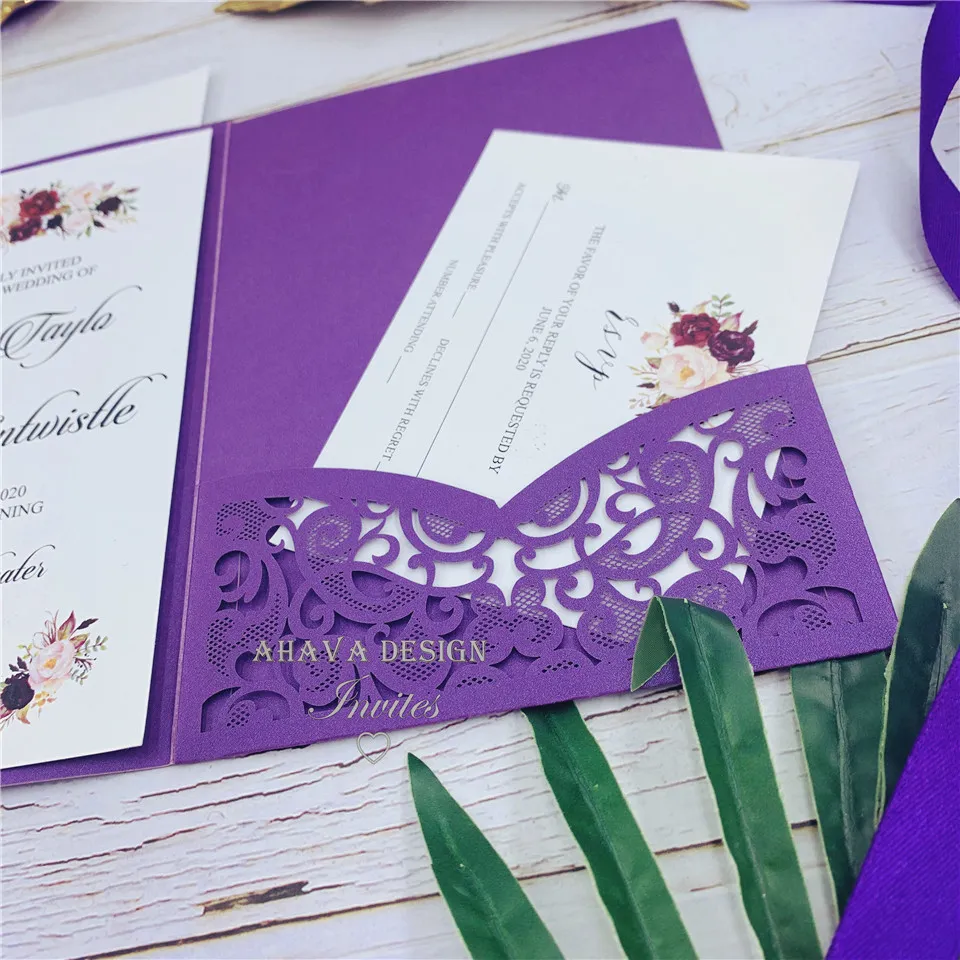 Pink Lace Flower Wedding Invitation With Envelope DIY Fold Personalized Print Greeting Cards For Bridal Shower Quinceanera PartyZZ