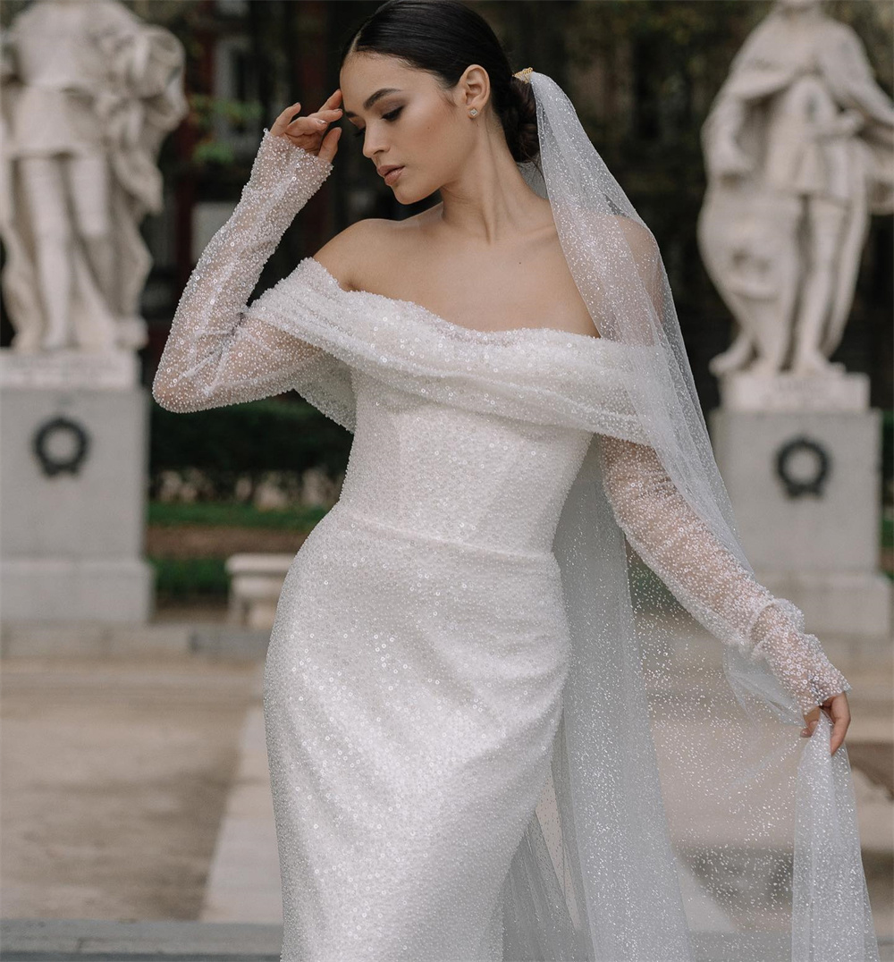 Sparkly Off Shoulder Mermaid Wedding Dresses Draped Beading Sequined Bridal Gown Long Sleeve Vestido de novia