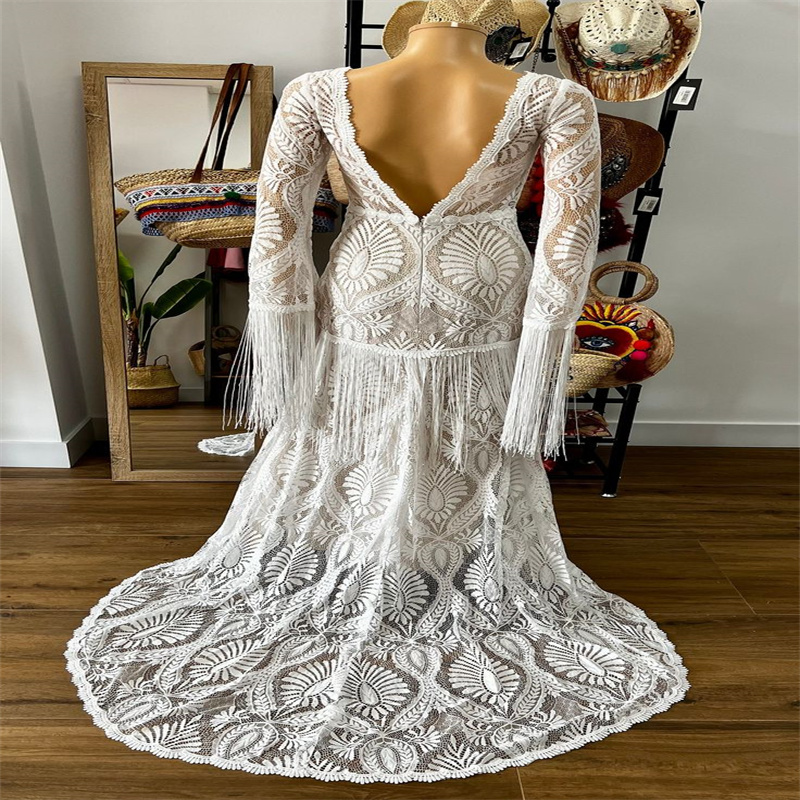 Celtic Crochet Lace Boho Wedding Dress 2023 Long Sleeve Backless Plus Size Beach Bohemian Bride Dress Chic Fairy Korea Bridal Gowns vestido de novia r