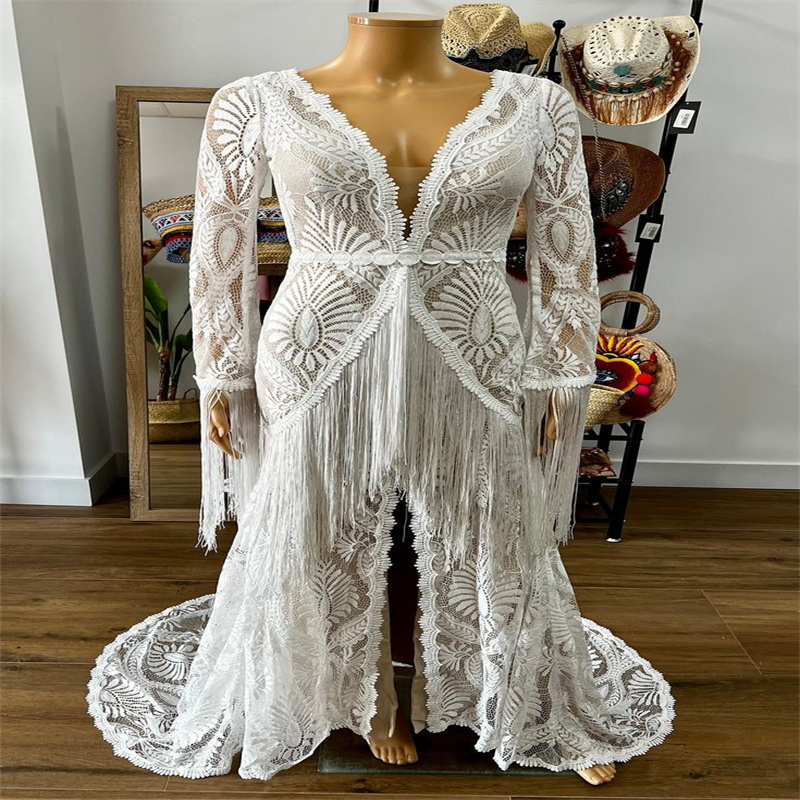 Celtic Crochet Lace Boho Wedding Dress 2023 Long Sleeve Backless Plus Size Beach Bohemian Bride Dress Chic Fairy Korea Bridal Gowns vestido de novia r