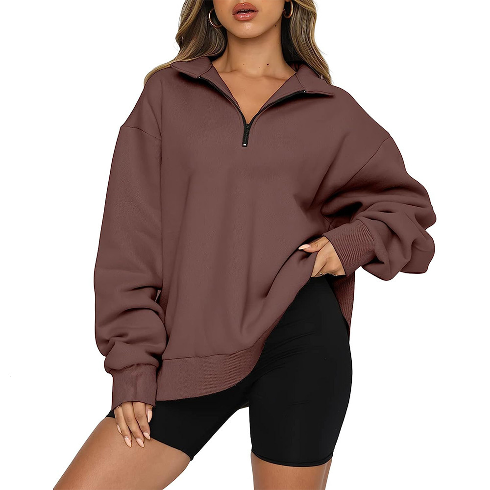 Womens Hoodies Sweatshirts Autumn Oversized Quarter 14 Zip Lapel Collar Long sleeve Drop Shoulder Solid Pullover Jumper Top 230818