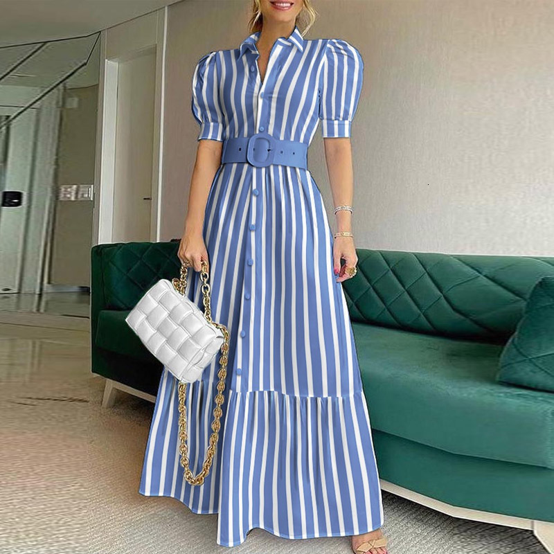 Basic Casual Dresses Vintage Puff Sleeve Women Party Maxi Dress Elegant Striped Office Lady Long Fashion Turndown Collar Button Shirt 230817