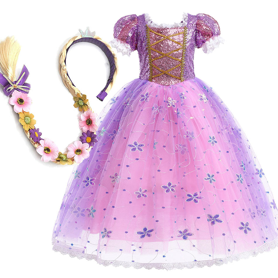Girl's Dresses Children Halloween Costume Little Girls Rapunzel Costume Sequins Purple Dress Kids Princess Cosplay Dress 3 4 5 6 7 8 9 10 Years 2