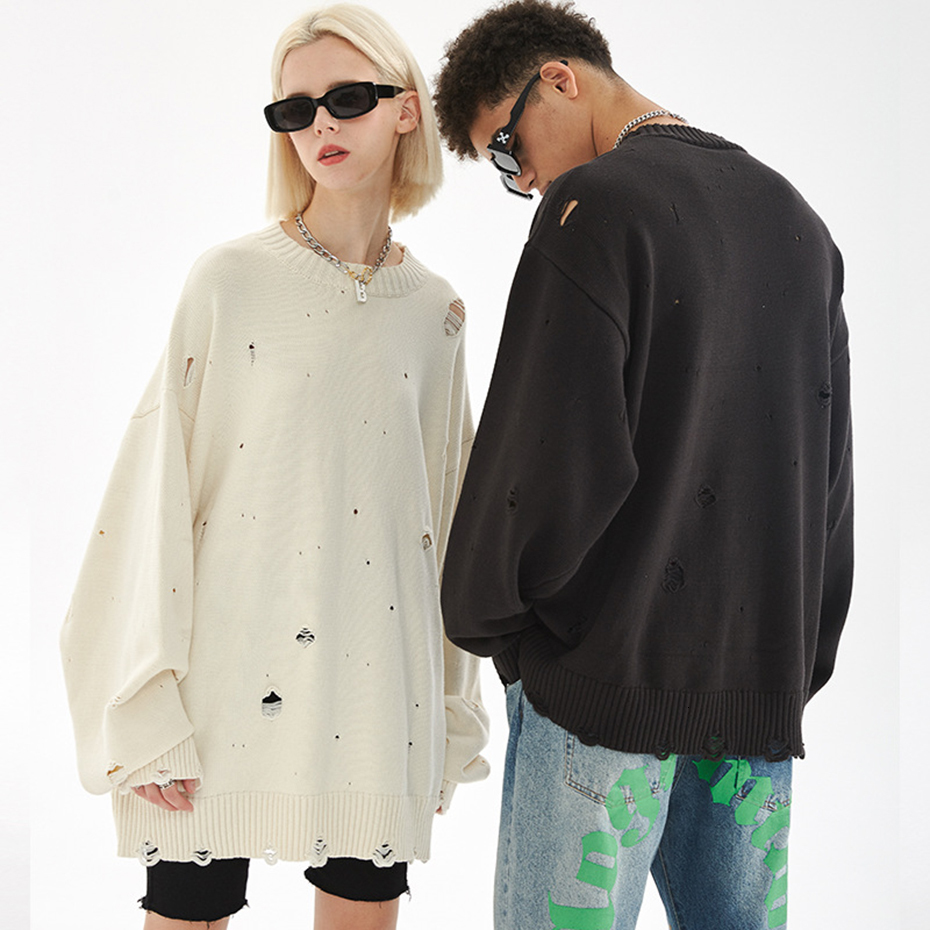 Men's Sweaters Fashion Ripped Sweaters Harajuku Streetwear Sweaters Men Black White Hip Hop Jumpers Knitted Pullovers Unisex Y2K Sweater 230815