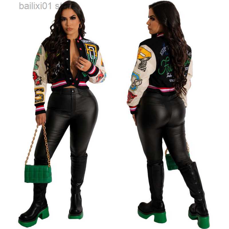 Women's Jackets Letter Printed Patchwork Baseball Jackets 2022 Fall Single Breasted Long Sleeve Short Coats Female Streetwear Crop Tops T230817