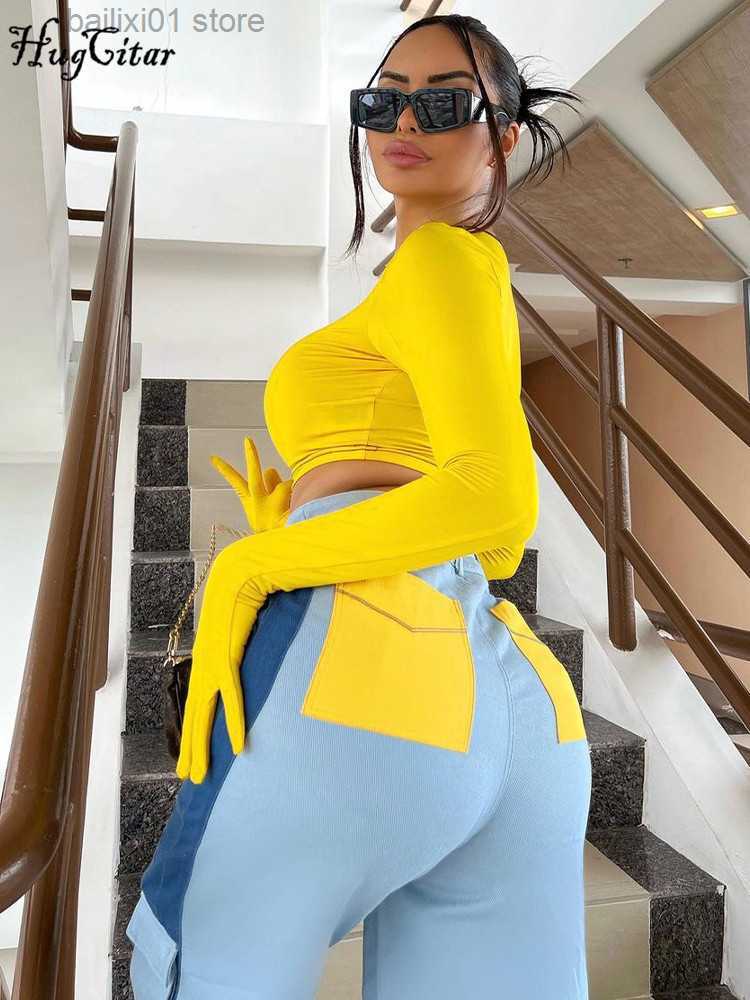 Women's T-Shirt Hugcitar Women Fall Fashion Solid Long Sleeve With Gloves Hollow Out Bodycon Sexy Crop Top Tshirt Vintage Streetwear Y2K Party T2