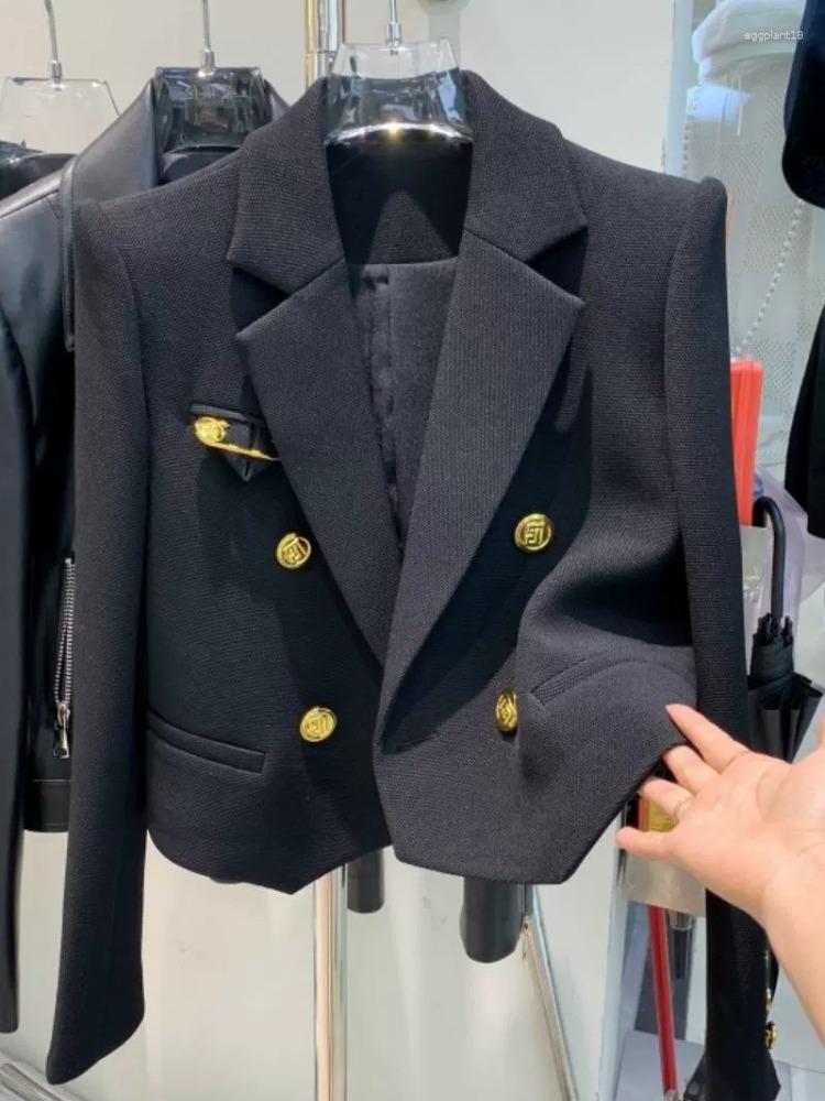 Women's Casual Long Sleeve Blazer Jacket Solid Color Elegant Suit Collar Short Tops Autumn Korean Chic Outerwear B2