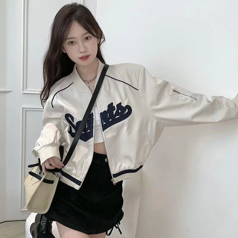 Women's Jackets Gidyq Letter Embroidery Baseball Jacket Women Fashion All Match Cropped Outerwear Harajuku Zipper Female Streetwear Thin Coat 230