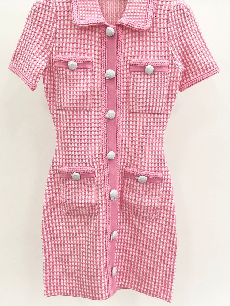 Basic Casual Dresses TurnDown Collar Plaid Knitwear Robe Slim Sweet Single Breasted Female Short Sleeve Buttons Mini Dress 230817