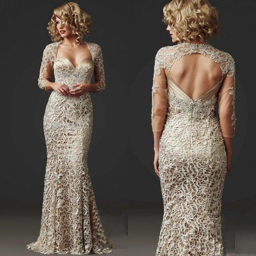 Lace Champagne Mother Of Bride Dresses Jacket Long Sleeves Beaded 2024 Plus Size Custom Made Mermaid Sweetheart Necke Evening Party Gowns Lz0304