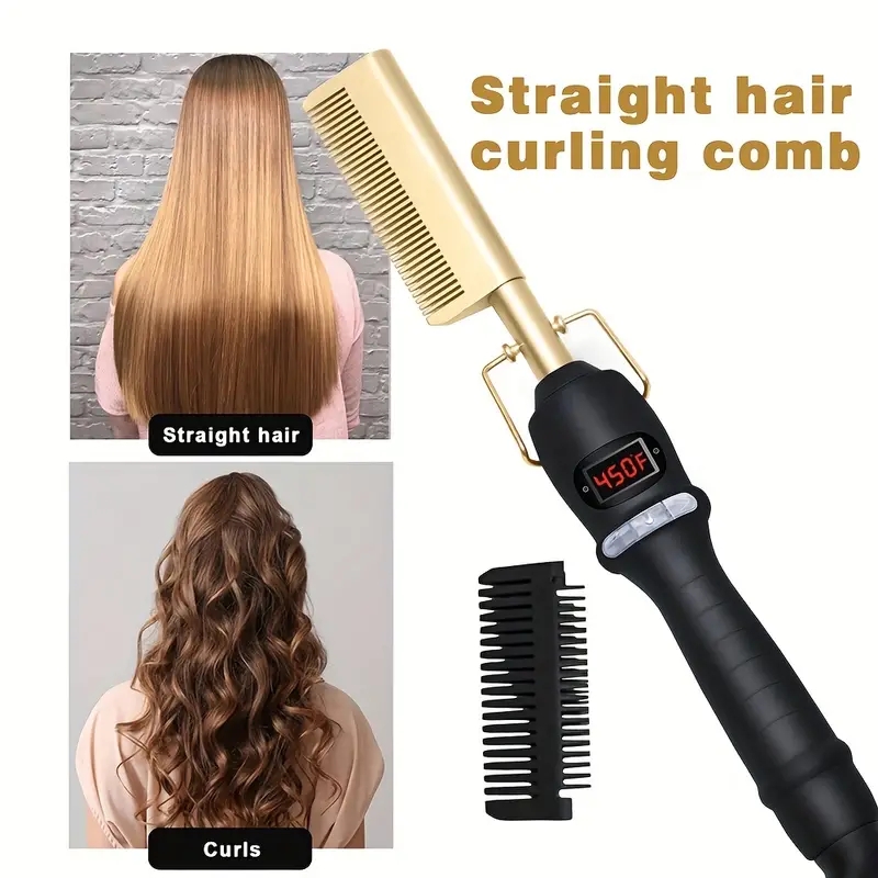 Professional Electric Hot Comb for Smooth and Shiny Hair - Ceramic Hair Straightener and Curling Iron Brush