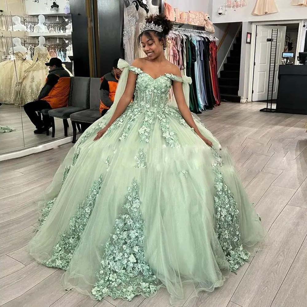 Mint Green Quinceanera Dress Off Shoulder Appliques Sequins Flowers Party Princess Sweet 16 Ball Gown Vestidos De 15 Anos
