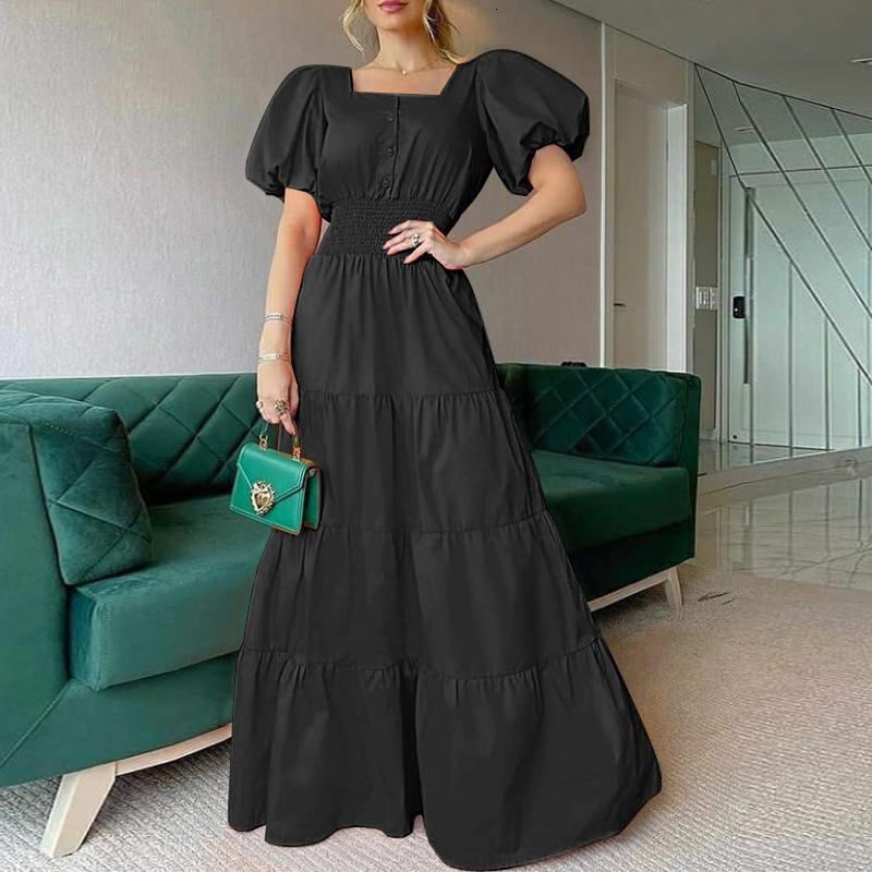 Basic Casual Dresses Vintage Puff Sleeve Women Party Maxi Dress Elegant Striped Office Lady Long Fashion Turndown Collar Button Shirt 230817