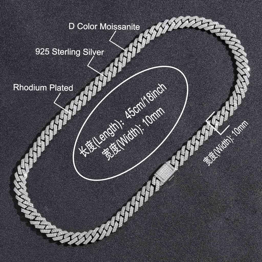 Dia Passed Test 10mm 16-24inch Sterg Sier Shiny Moissanite Cuban Chain Necklace Bracelet For Women Men Nice Gift