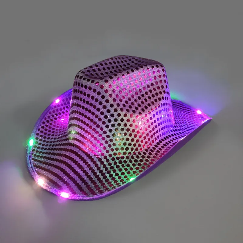 Unisex Space LED Cowboy Hat Flashing Light Up Sequin Cowgirl Party Hats Luminous Hats Caps With Adjustable Windproof Cord For Halloween ZZ