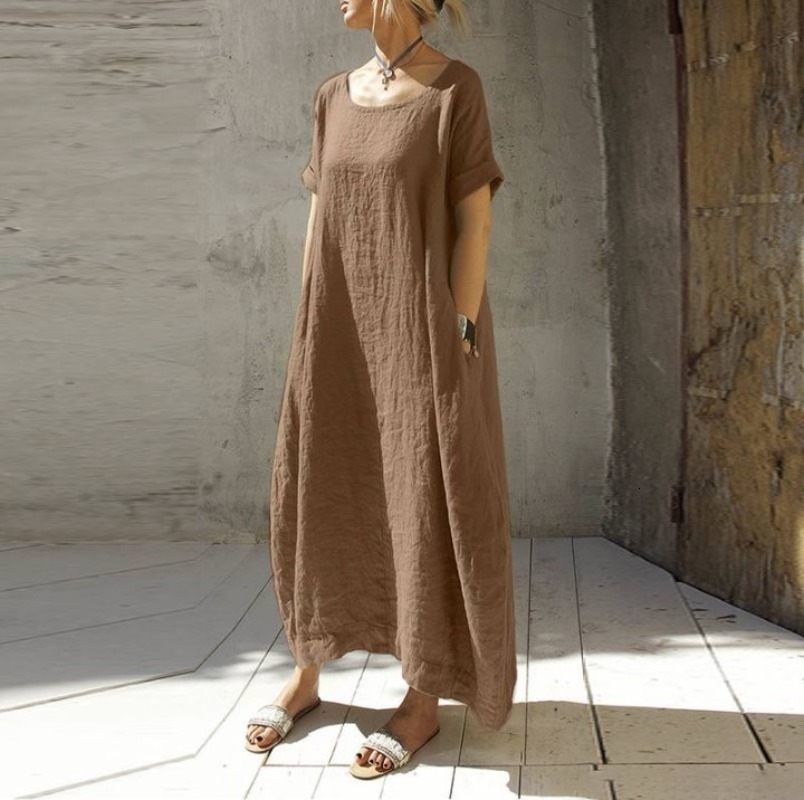 Basic Casual Dresses Summer Women Dress Solid Color ONeck Pocket Short Sleeve Loose Elegant Vintage Fashion Long 230817
