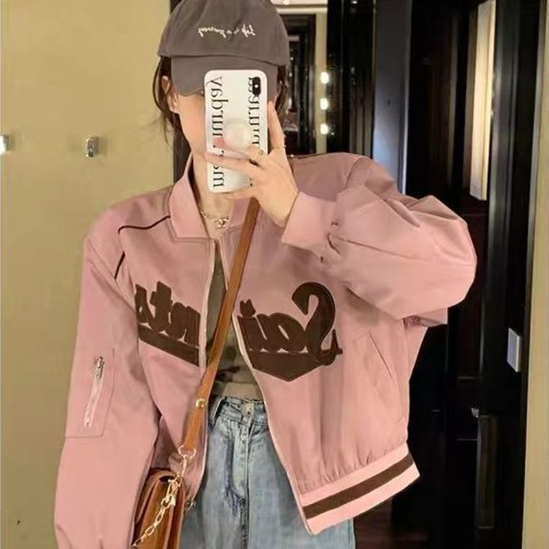 Women's Jackets Gidyq Letter Embroidery Baseball Jacket Women Fashion All Match Cropped Outerwear Harajuku Zipper Female Streetwear Thin Coat 230