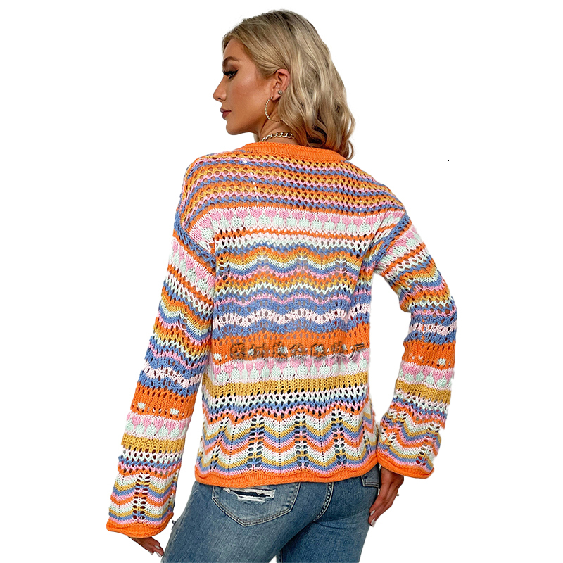 Womens Knits Tees rainbow cardigan sweater knitted striped loose button autumn winter SA1431 230818