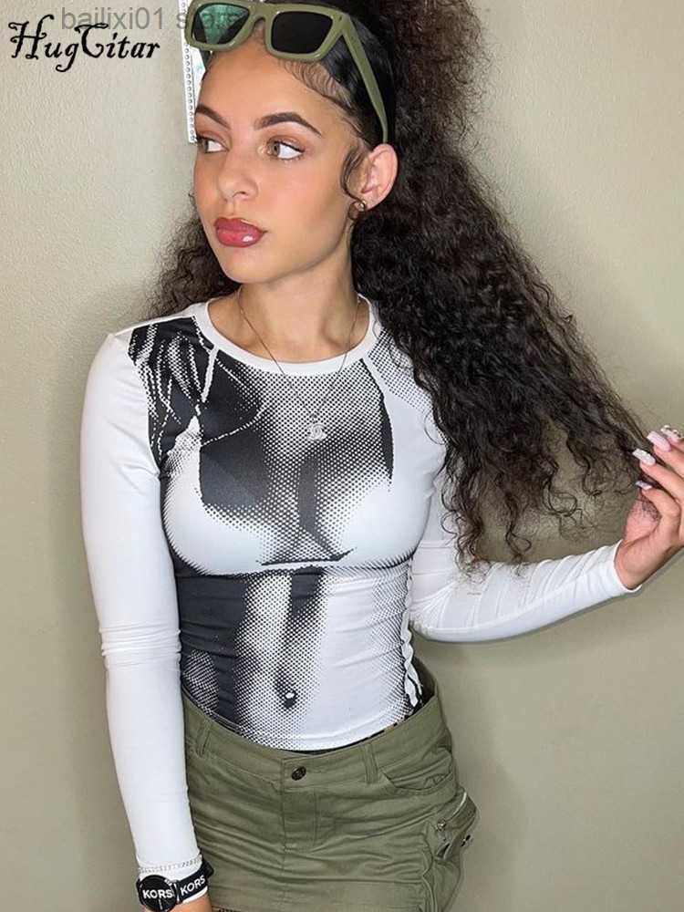 Women's T-Shirt Hugcitar 3D Print Long Sleeve Patchwork Sexy Slim Crop Top T-Shirt 2023 Spring Women Fashion Y2K Clothes Streetwear Club Causal T