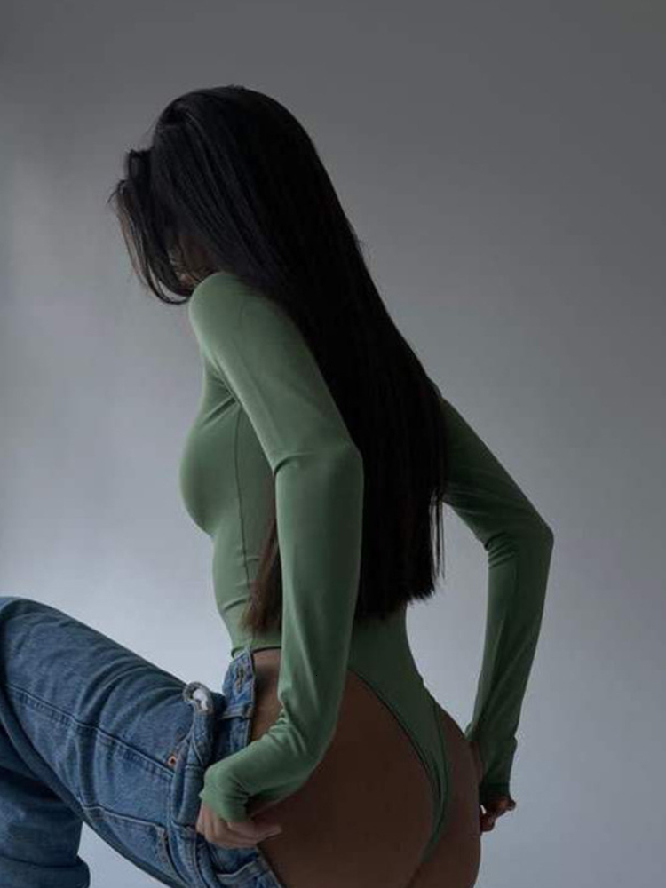 Womens Jumpsuits Rompers Sexy Bodysuits Fashion Long Sleeve Top O Neck Seamless Slim Solid Tshirts Green Bodysuit Casual Female Clothes 230817
