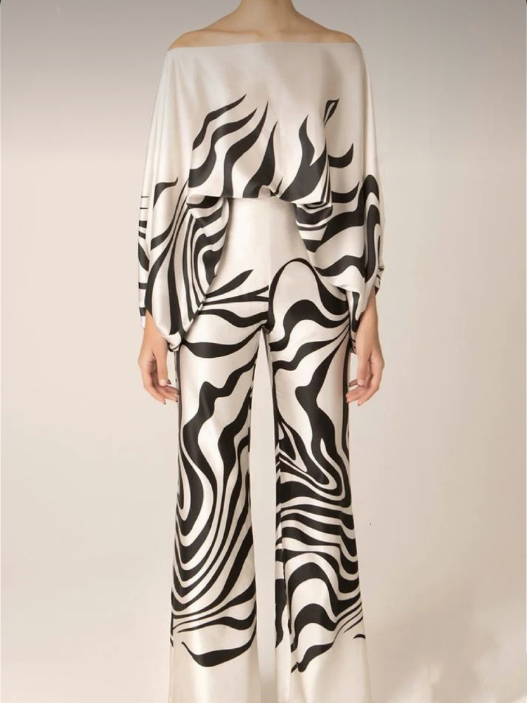 Womens Two Piece Pants Fashion Print Satin 2 Sets Women Casual Lantern Sleeve Off Shoulder Top Wide Leg Suit Chic Blouse Office Lady Outfit 230818