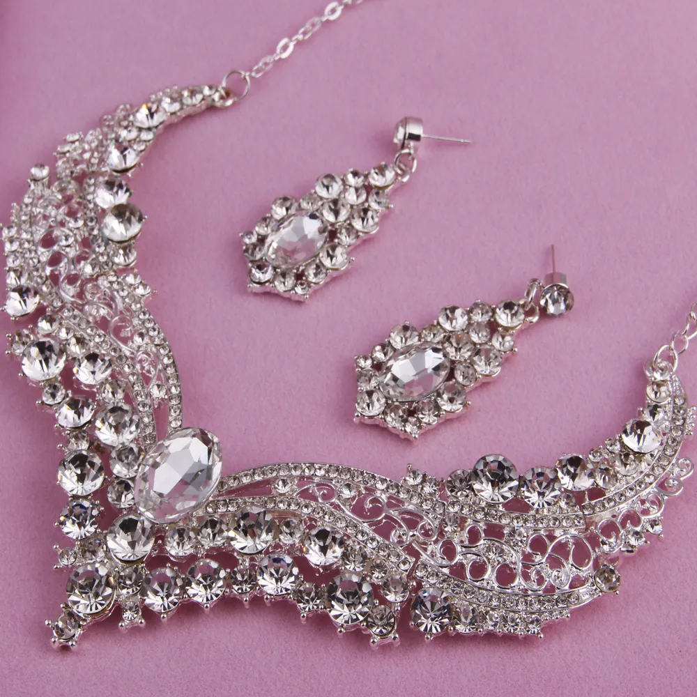 Full Crystal Bridal Wedding Jewelry Sets Silver Color Rhinestone Women Earrings Necklace Sets Engagement Jewelry forZZ