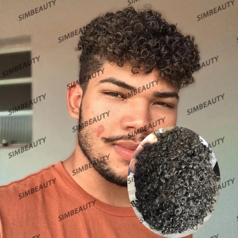 15mm Bouncy Curly Afo Men Wigs Toupee 100% Human Hair Prosthesis Systems Injected Full PU Base Afro Black Brown Men Hair Units