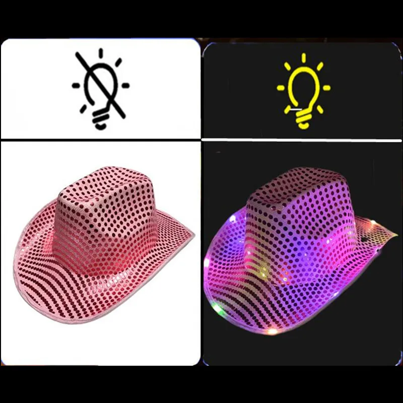 Unisex Space LED Cowboy Hat Flashing Light Up Sequin Cowgirl Party Hats Luminous Hats Caps With Adjustable Windproof Cord For Halloween ZZ