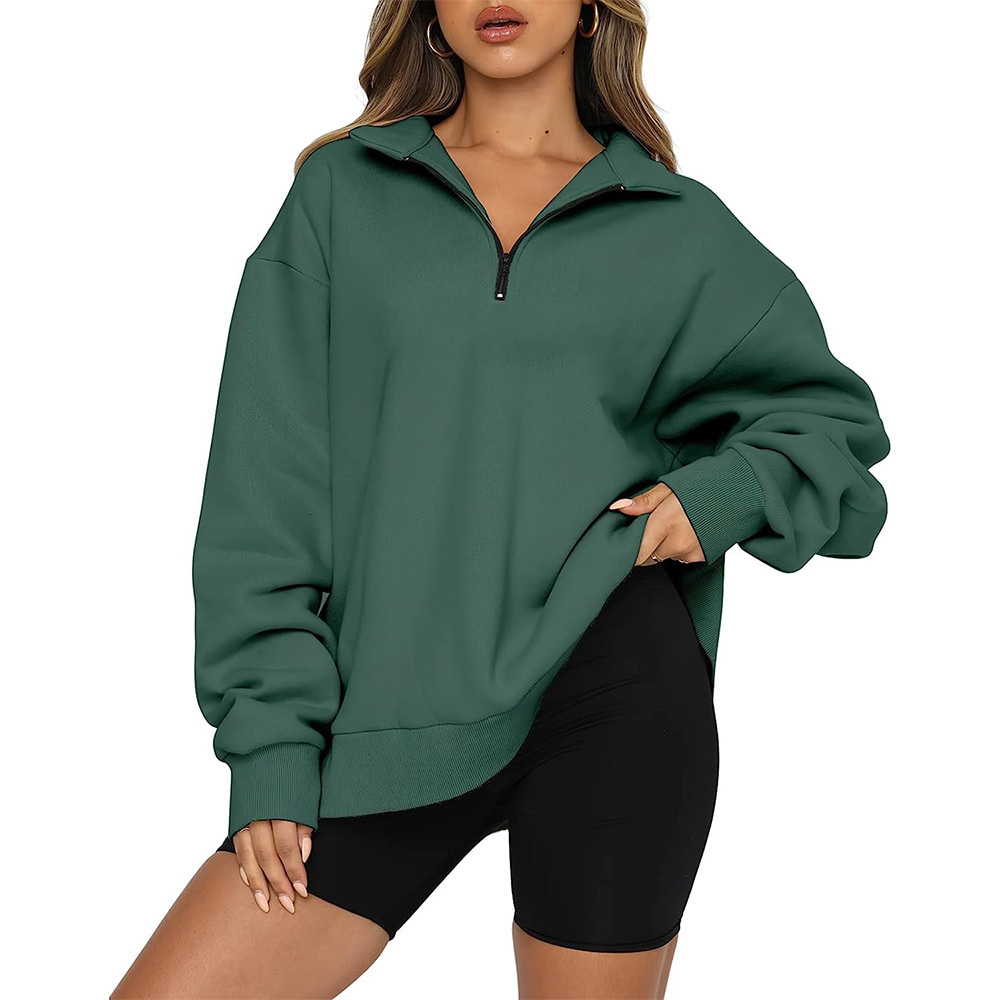 Womens Hoodies Sweatshirts Autumn Oversized Quarter 14 Zip Lapel Collar Long sleeve Drop Shoulder Solid Pullover Jumper Top 230818
